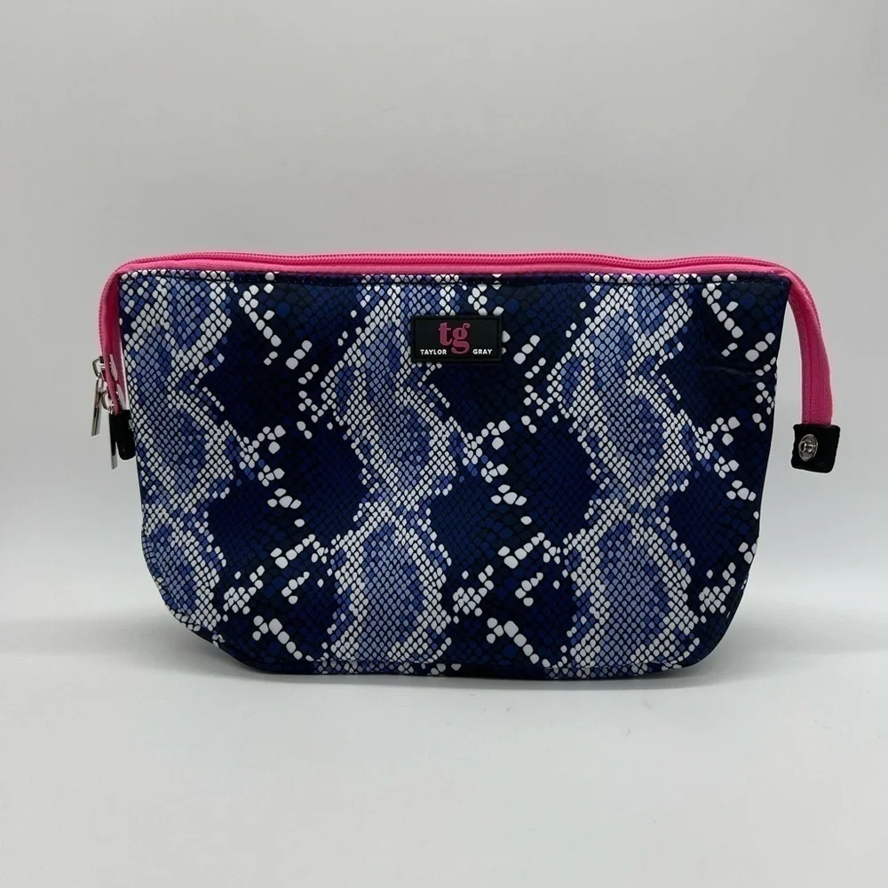 TAYLOR GRAY SARAH LARGE CARRYALL COSMETICS BAG BLUE SNAKESKIN PATTERN NWT